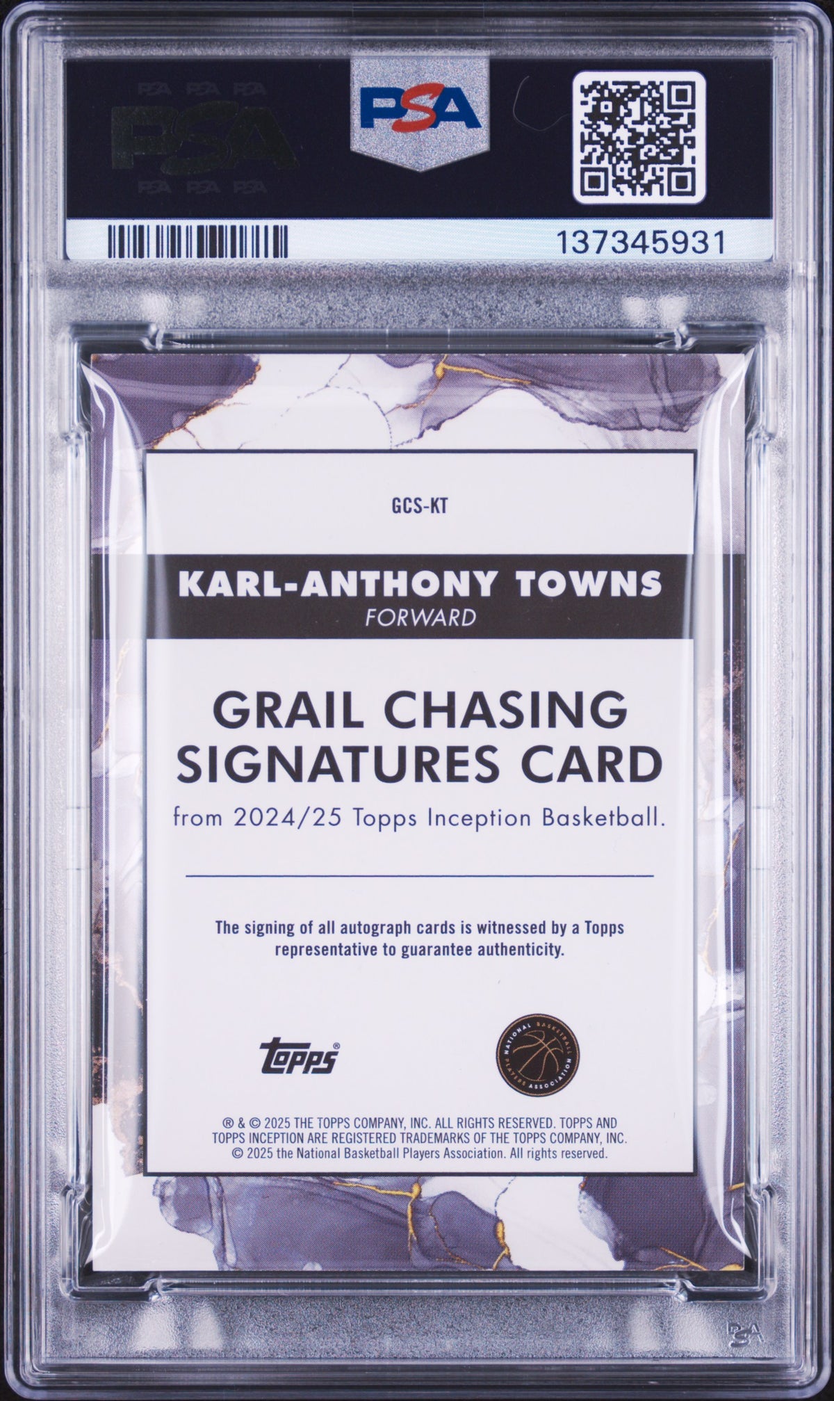 2024 TOPPS INCEPTION GRAIL CHASING SIGNATURES #GCS-KT KARL-ANTHONY TOWNS GRAIL CHASING SIG-INCPTN 1/1