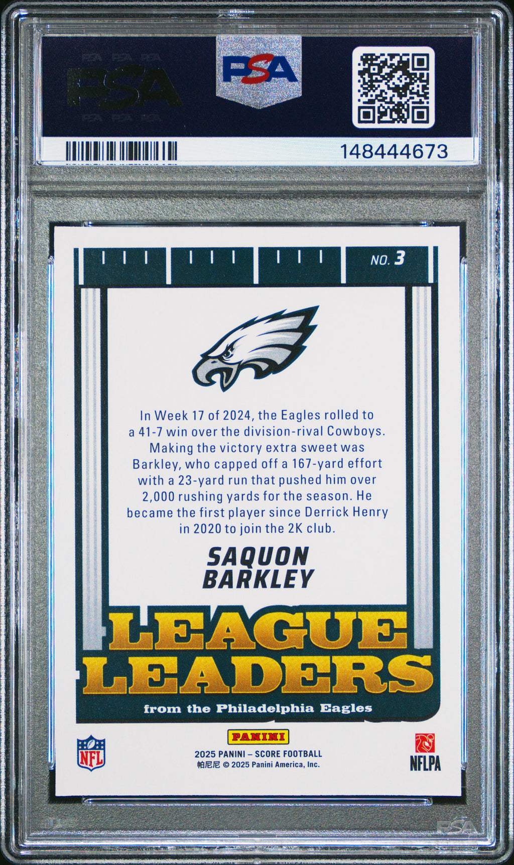 2025 PANINI SCORE LEAGUE LEADERS #3 SAQUON BARKLEY GOLD PSA 8