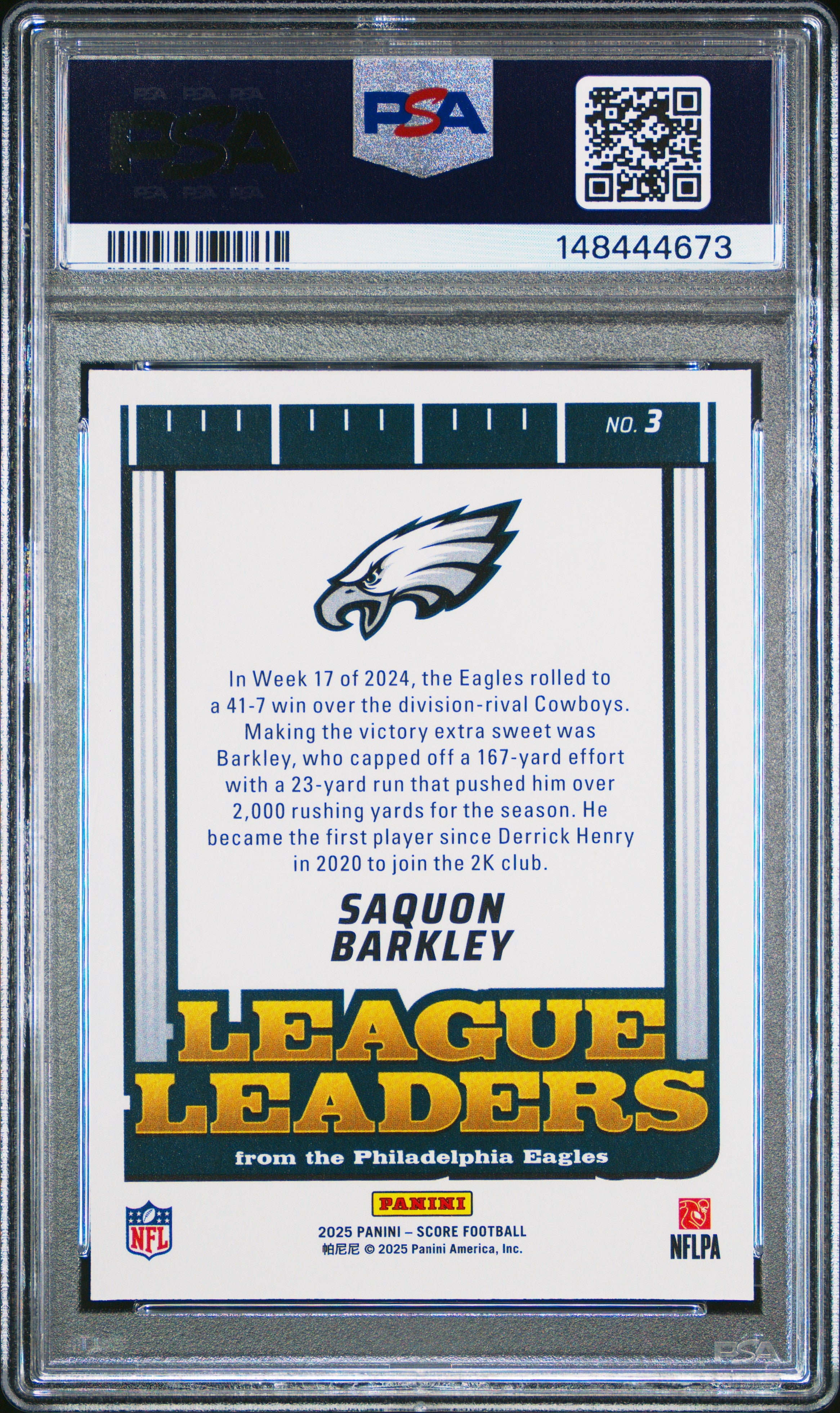 2025 PANINI SCORE LEAGUE LEADERS #3 SAQUON BARKLEY GOLD PSA 8