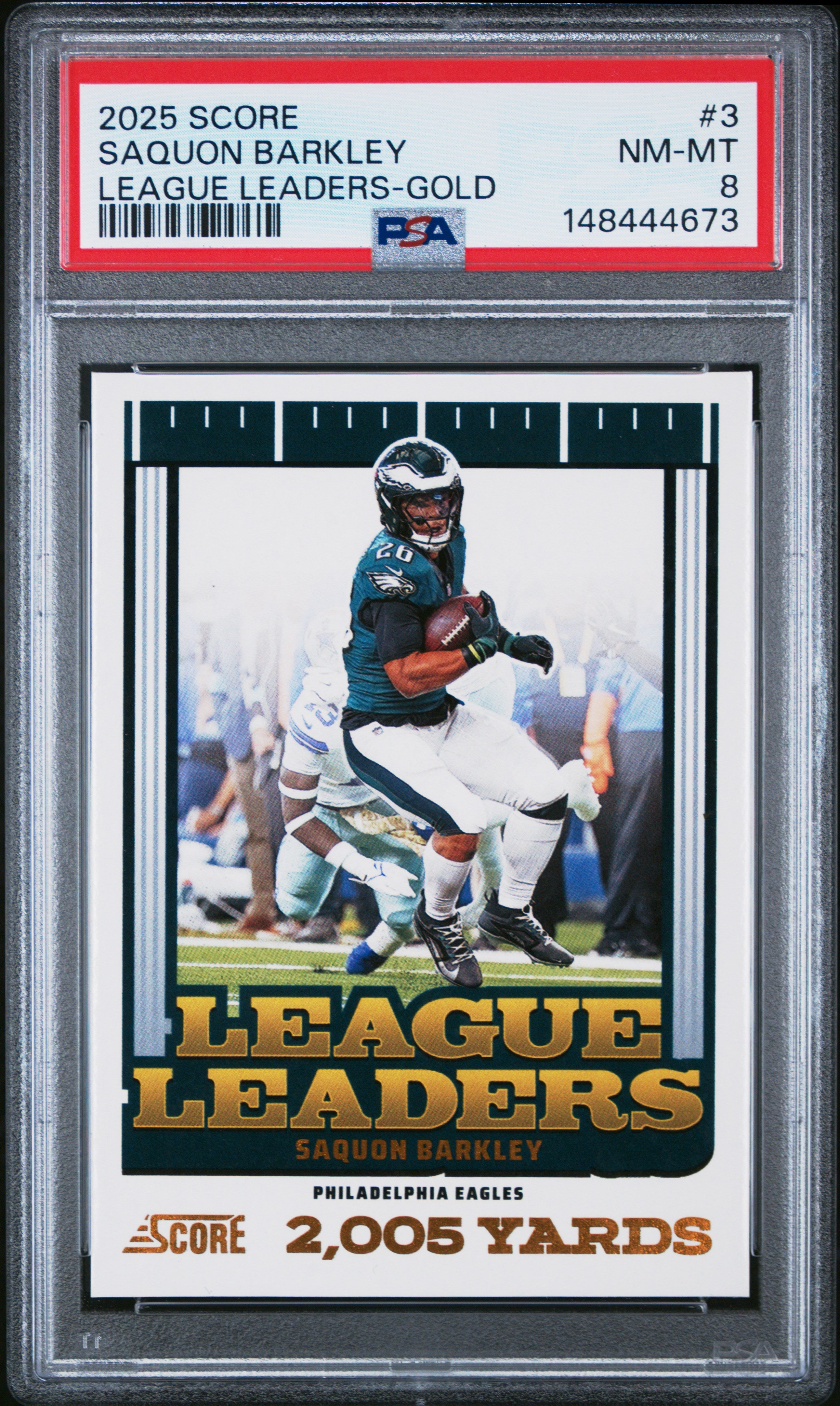 2025 PANINI SCORE LEAGUE LEADERS #3 SAQUON BARKLEY GOLD PSA 8