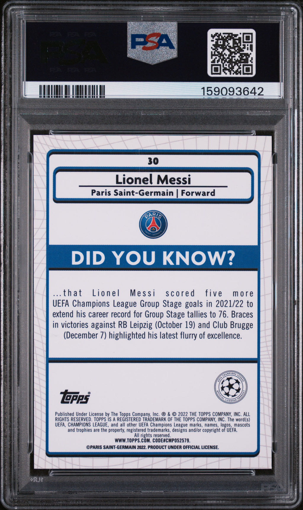 2021-2022 TOPPS MERLIN CHROME UEFA LEAGUE #30 LIONEL MESSI AQUA PRISM REFRACTOR PSA 8