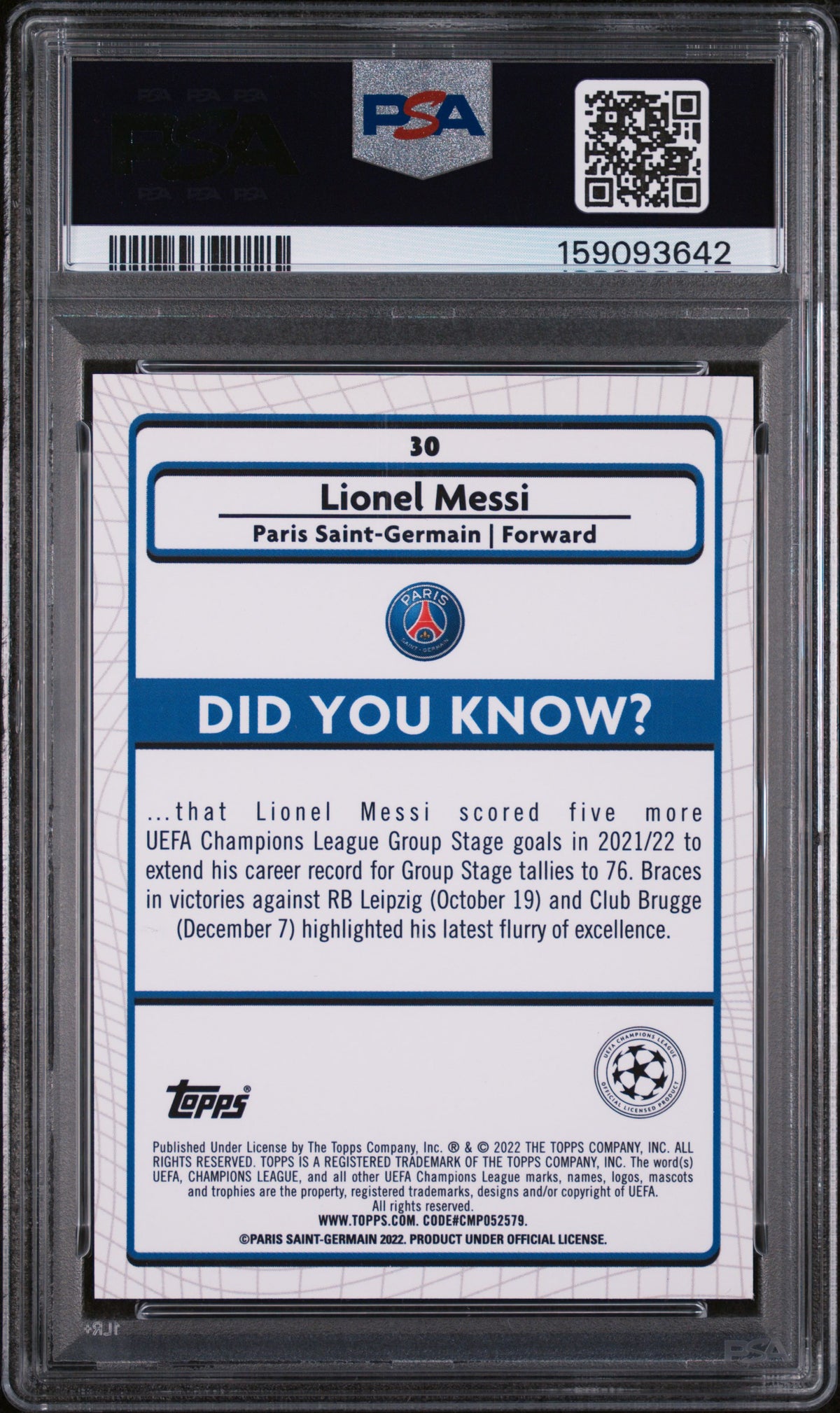 2021-2022 TOPPS MERLIN CHROME UEFA LEAGUE #30 LIONEL MESSI AQUA PRISM REFRACTOR PSA 8