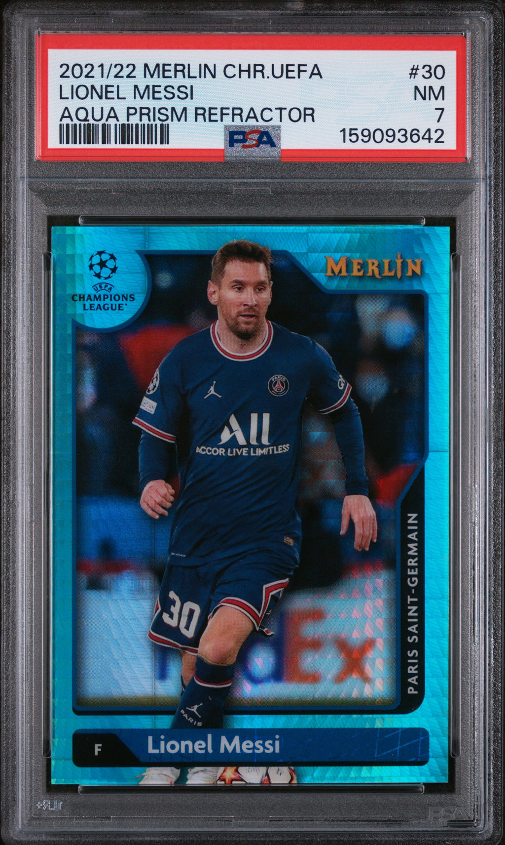 2021-2022 TOPPS MERLIN CHROME UEFA LEAGUE #30 LIONEL MESSI AQUA PRISM REFRACTOR PSA 8