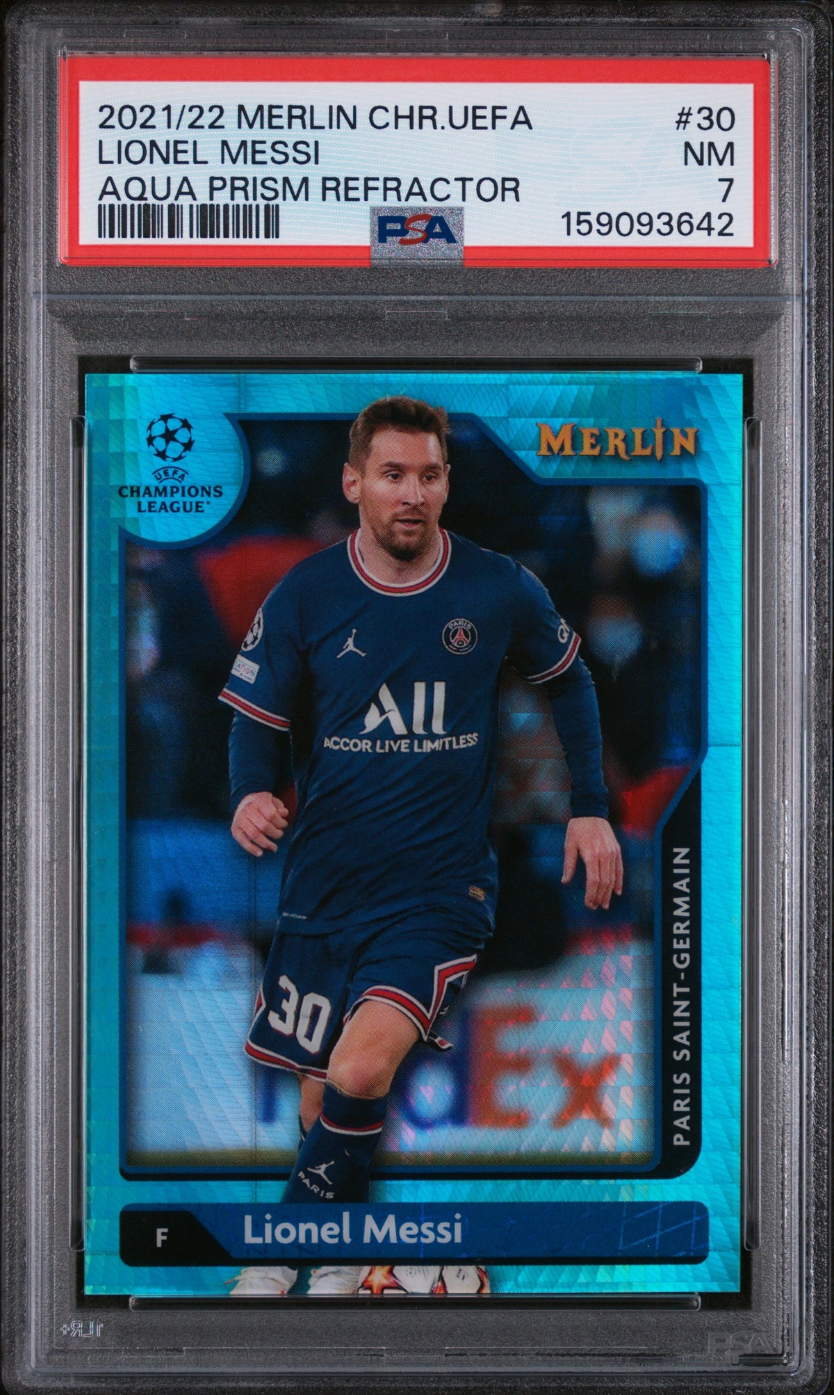 2021-2022 TOPPS MERLIN CHROME UEFA LEAGUE #30 LIONEL MESSI AQUA PRISM REFRACTOR PSA 8