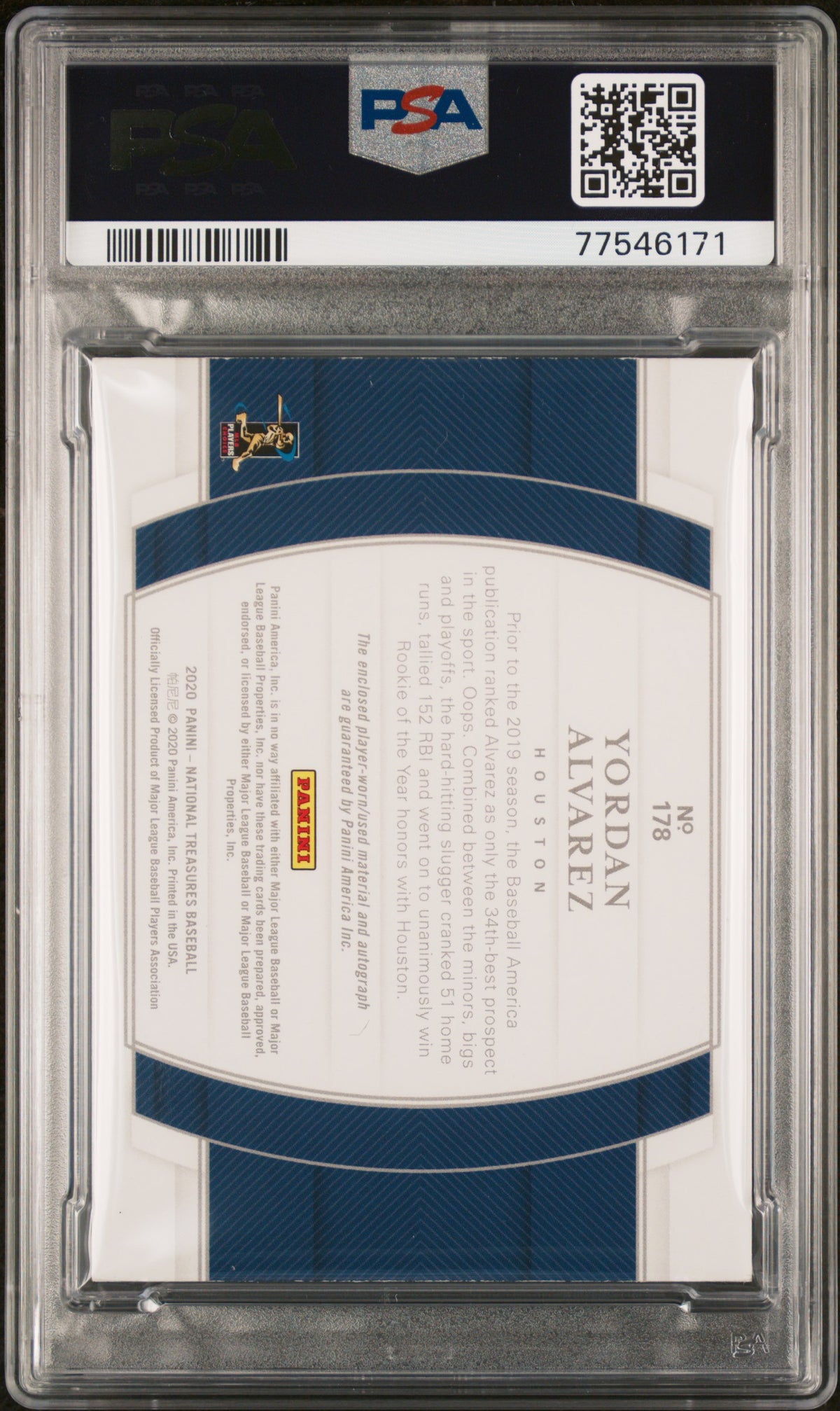 2020 PANINI NATIONAL TREASURES #178 YORDAN ALVAREZ MAT.SIG-STARS & STRIPES PSA 9