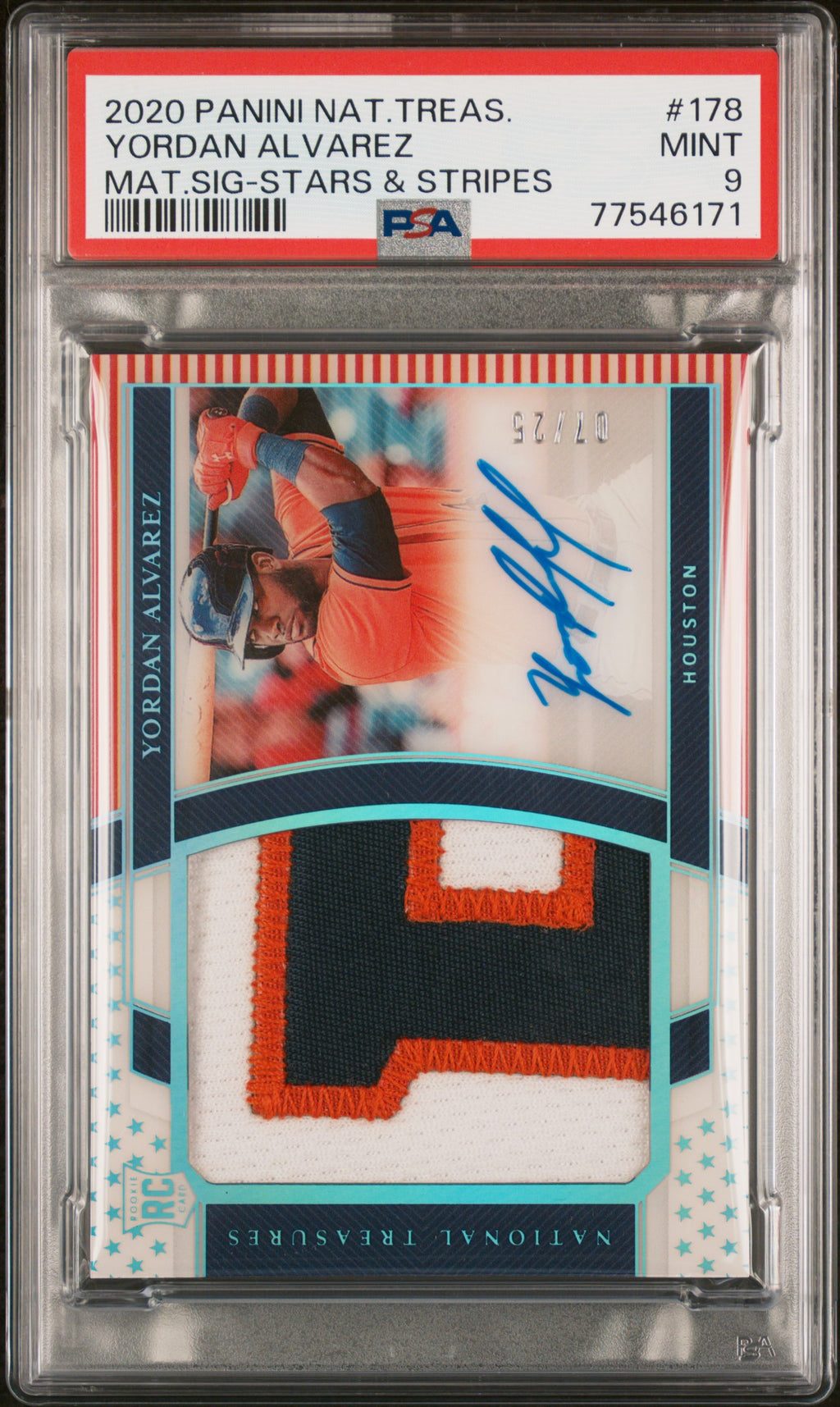 2020 PANINI NATIONAL TREASURES #178 YORDAN ALVAREZ MAT.SIG-STARS & STRIPES PSA 9