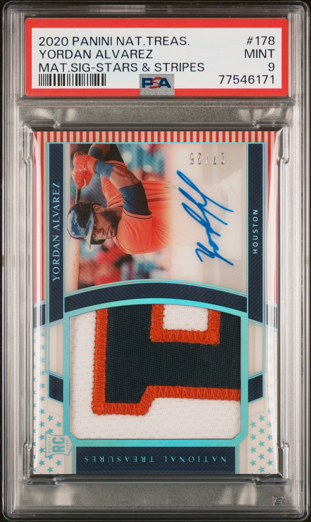 2020 PANINI NATIONAL TREASURES #178 YORDAN ALVAREZ MAT.SIG-STARS & STRIPES PSA 9