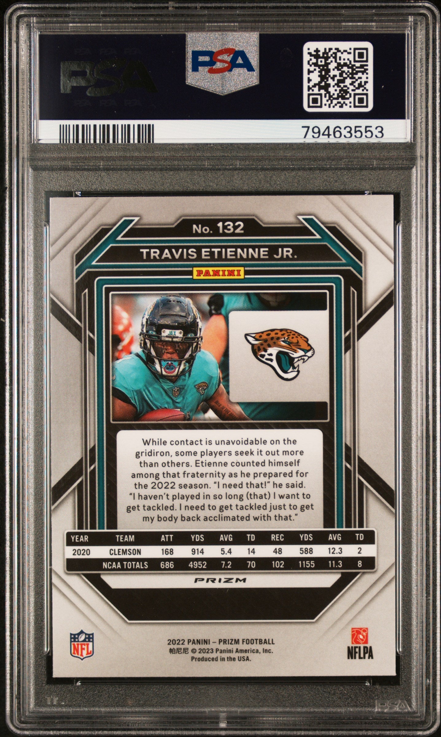 2022 PANINI PRIZM #132 TRAVIS ETIENNE JR. WHITE SPARKLE PSA 10