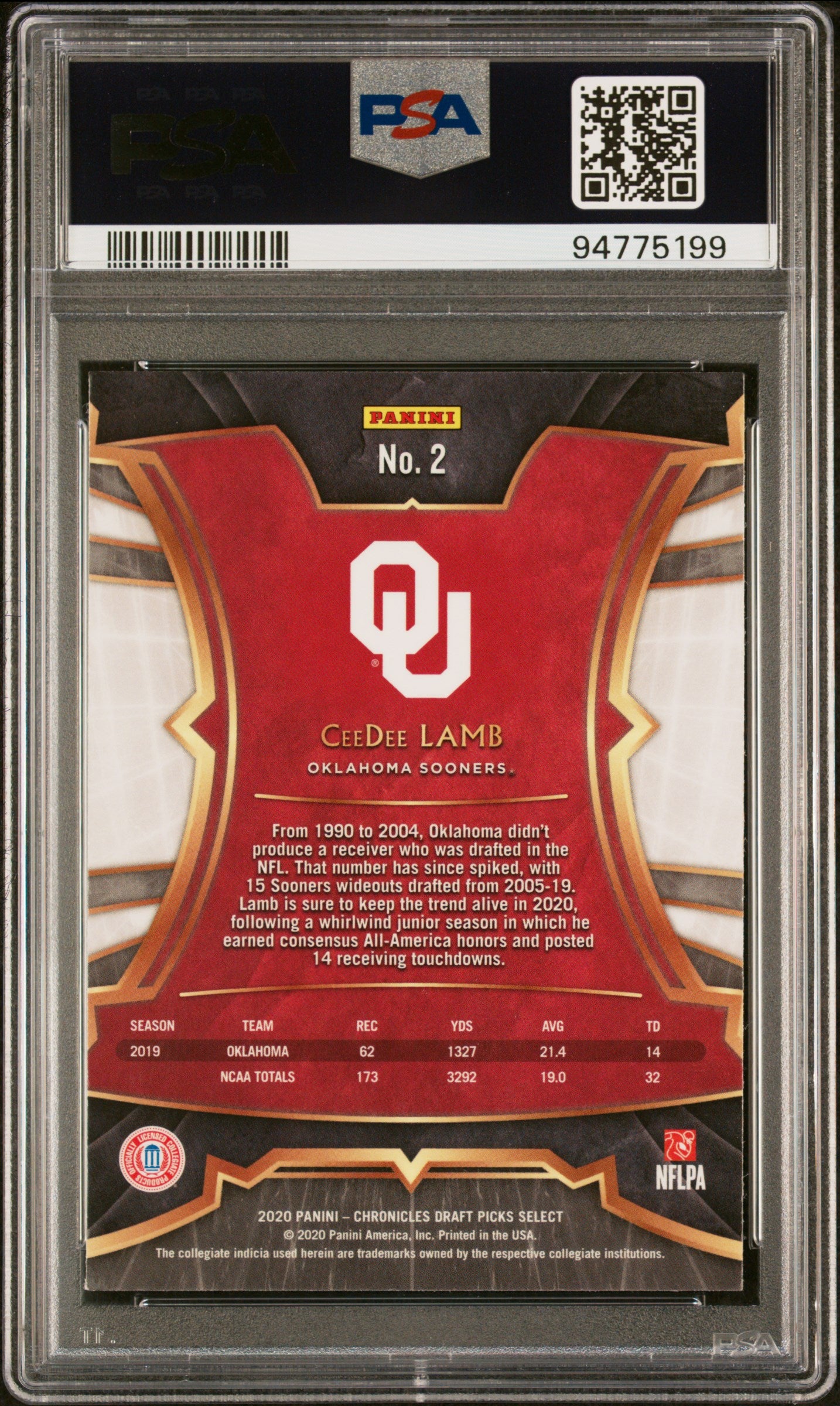 2020 PANINI CHRONICLES DRAFT PICKS SELECT #2 CEEDEE LAMB SELECT PSA 9