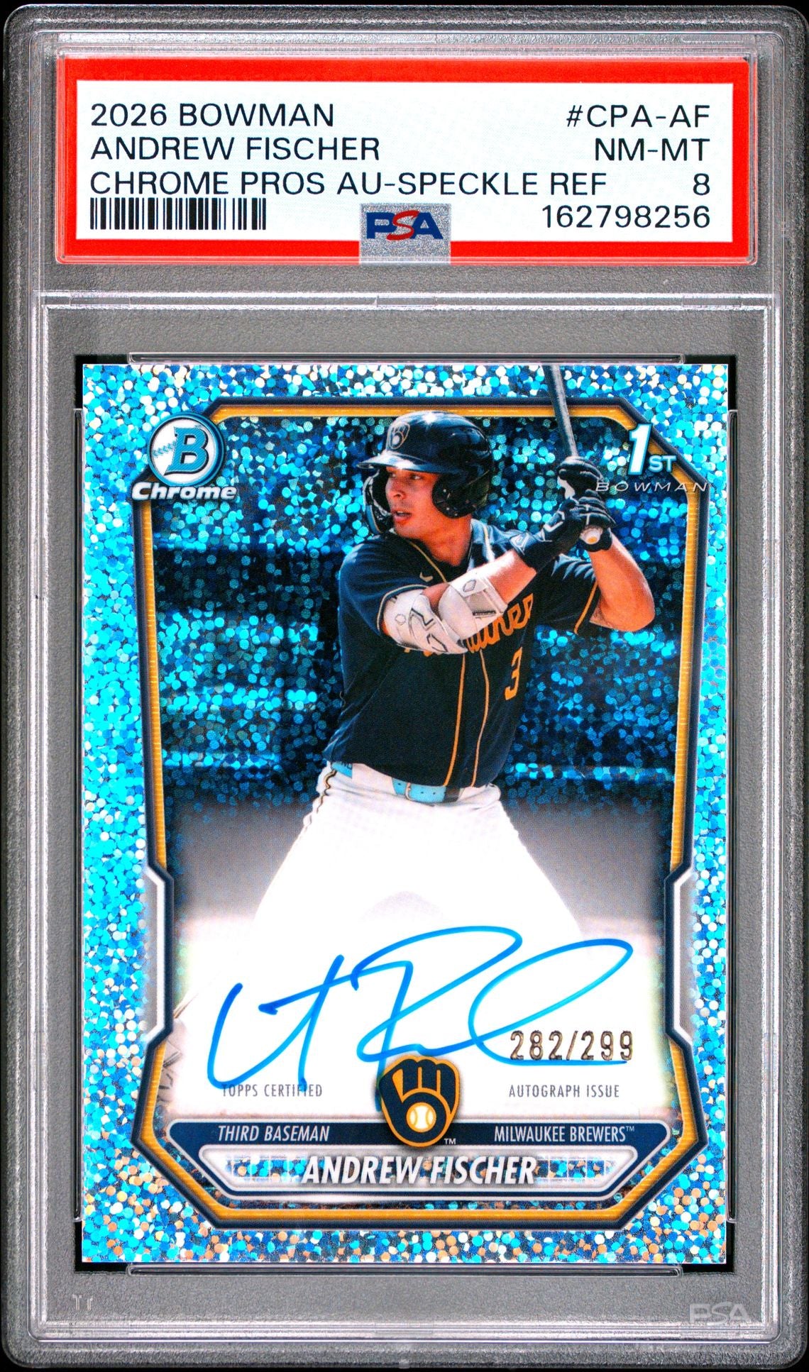 2026 BOWMAN CHROME AUTO ANDREW FISCHER SPECKLE REFRACTOR /299 PSA 8