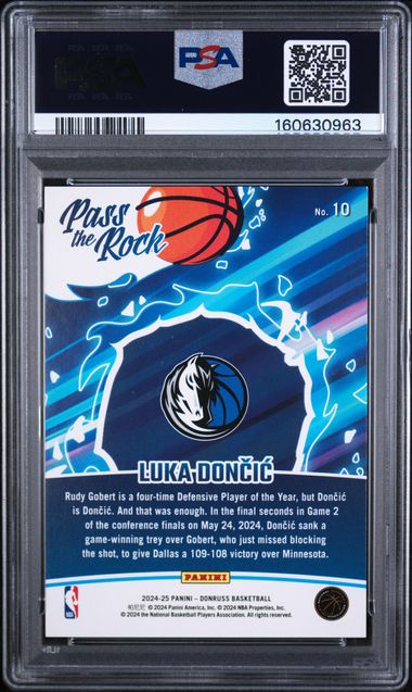 2024 PANINI DONRUSS PASS THE ROCK #10 LUKA DONCIC PASS/ROCK-HOLO R&B LASER PSA 9