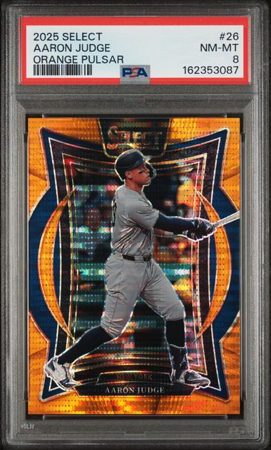 2025 PANINI SELECT #26 AARON JUDGE ORANGE PULSAR PSA 8
