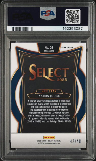 2025 PANINI SELECT #26 AARON JUDGE ORANGE PULSAR PSA 8