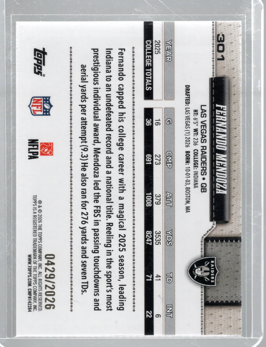 2026 Topps Flagship Football Gold 429/2026 Rookie Fernando Mendoza #301 Raiders