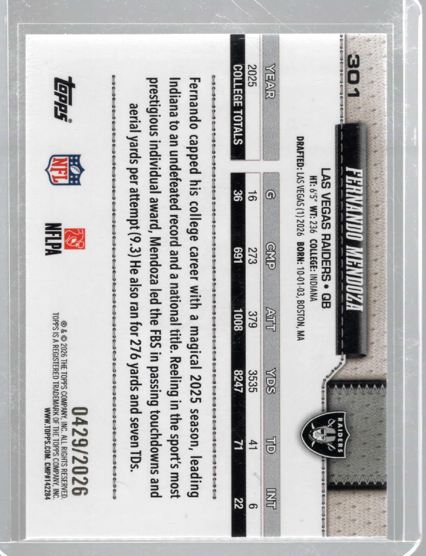 2026 Topps Flagship Football Gold 429/2026 Rookie Fernando Mendoza #301 Raiders