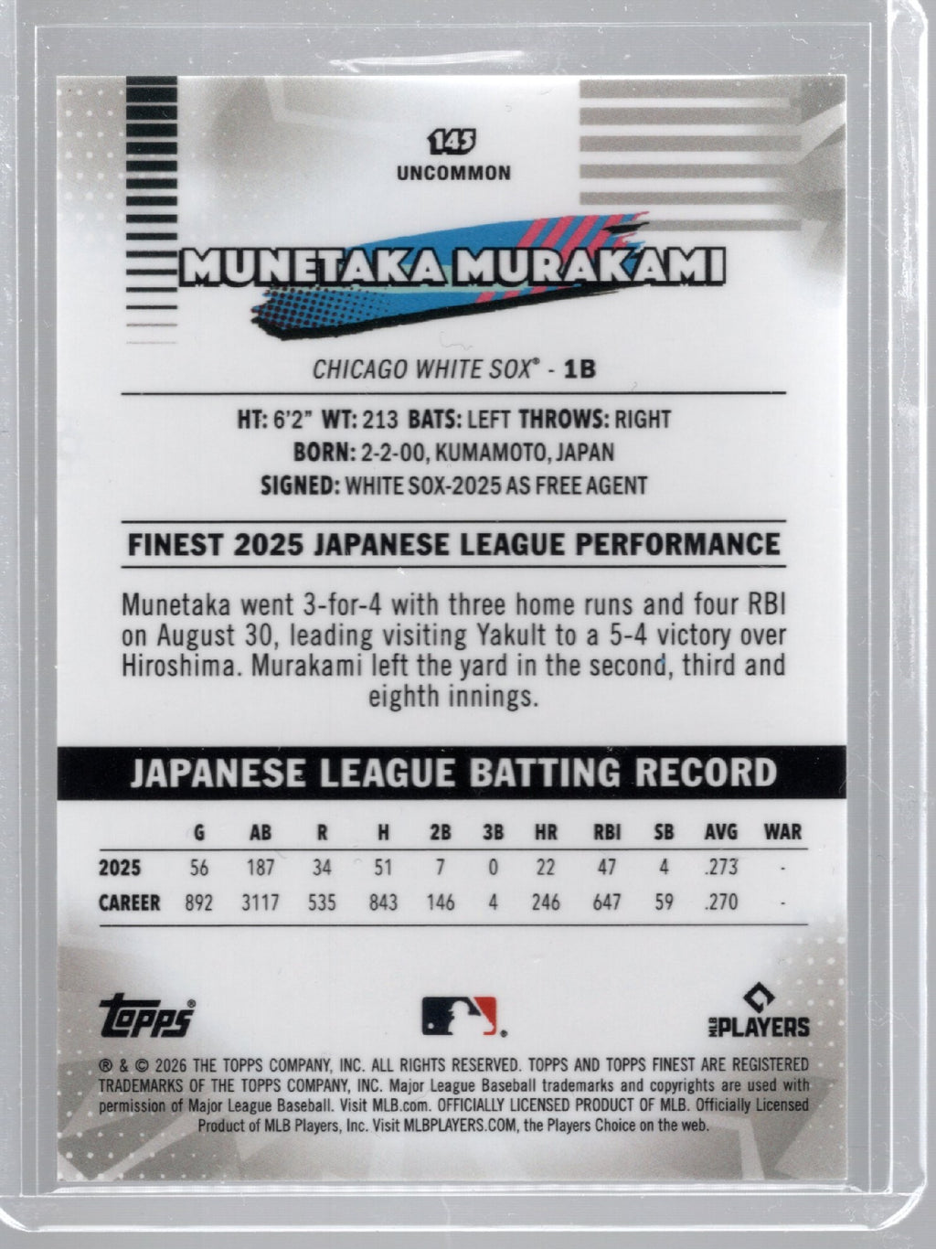 2026 Topps Finest MUNETAKA MURAKAMI White Sox X-Fractor Gold Checkered RC 25/50