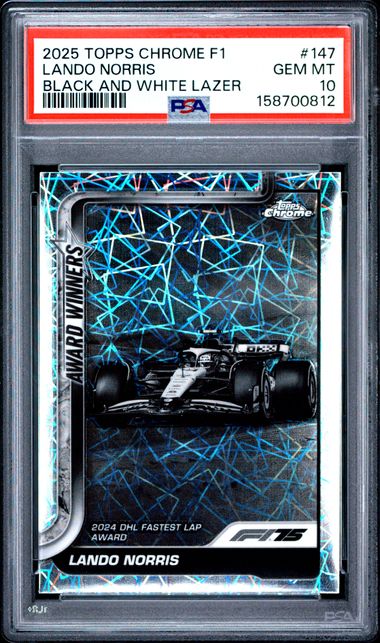 2025 TOPPS CHROME FORMULA 1 #147 LANDO NORRIS BLACK AND WHITE LAZER PSA 10