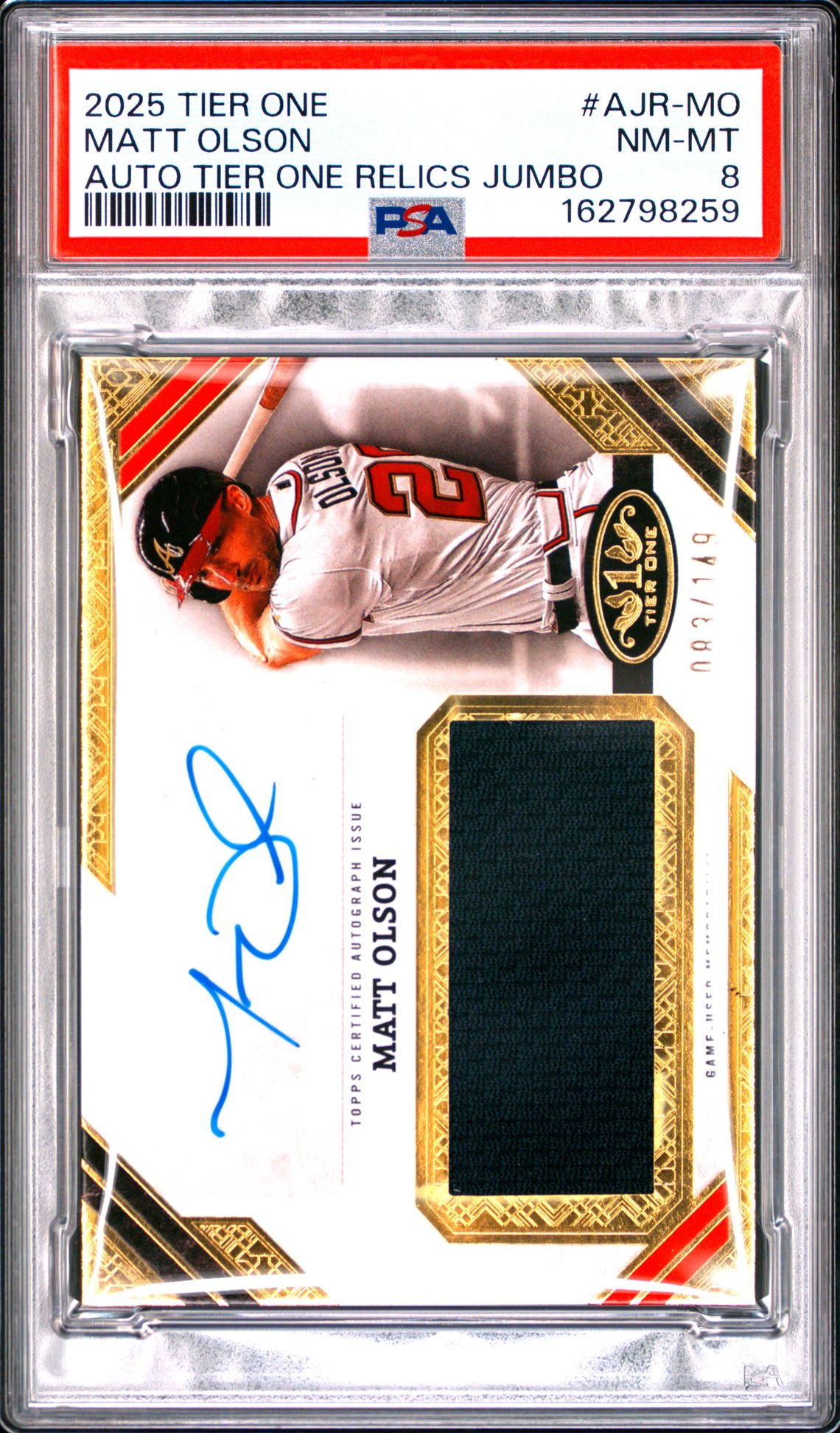 2025 Topps Tier One - Autographed Jumbo Relic Matt Olson #AJR-MO /149 PSA 8