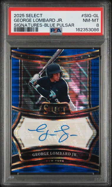 2025 PANINI SELECT SIGNATURES #SIG-GL GEORGE LOMBARD JR. SIGNATURES-BLUE PULSAR PSA 8