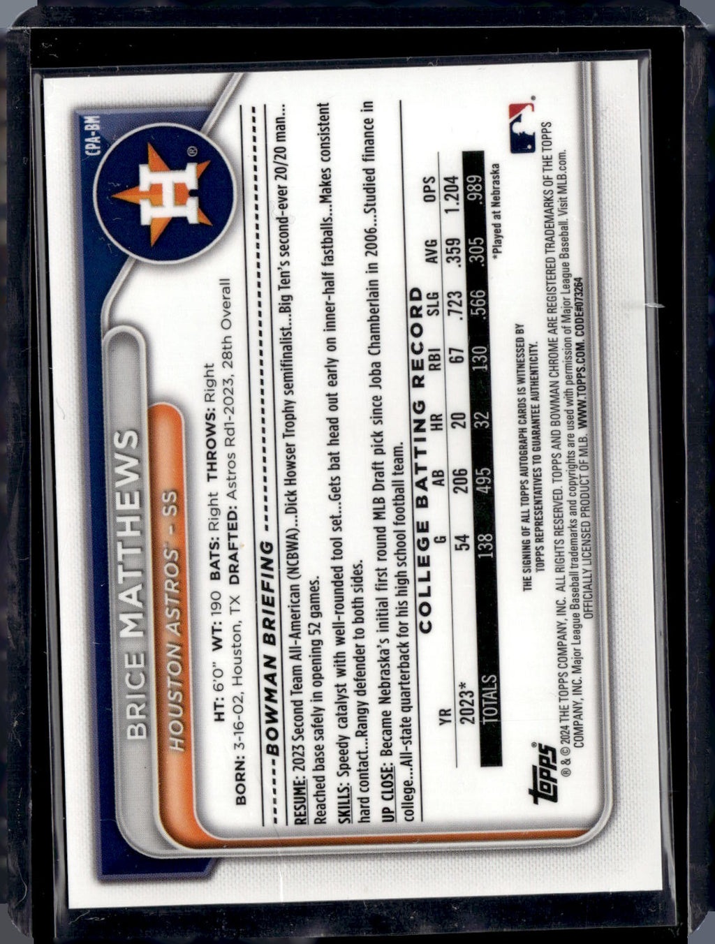 2024 Bowman 1st Houston Astros Brice Matthews Autograph