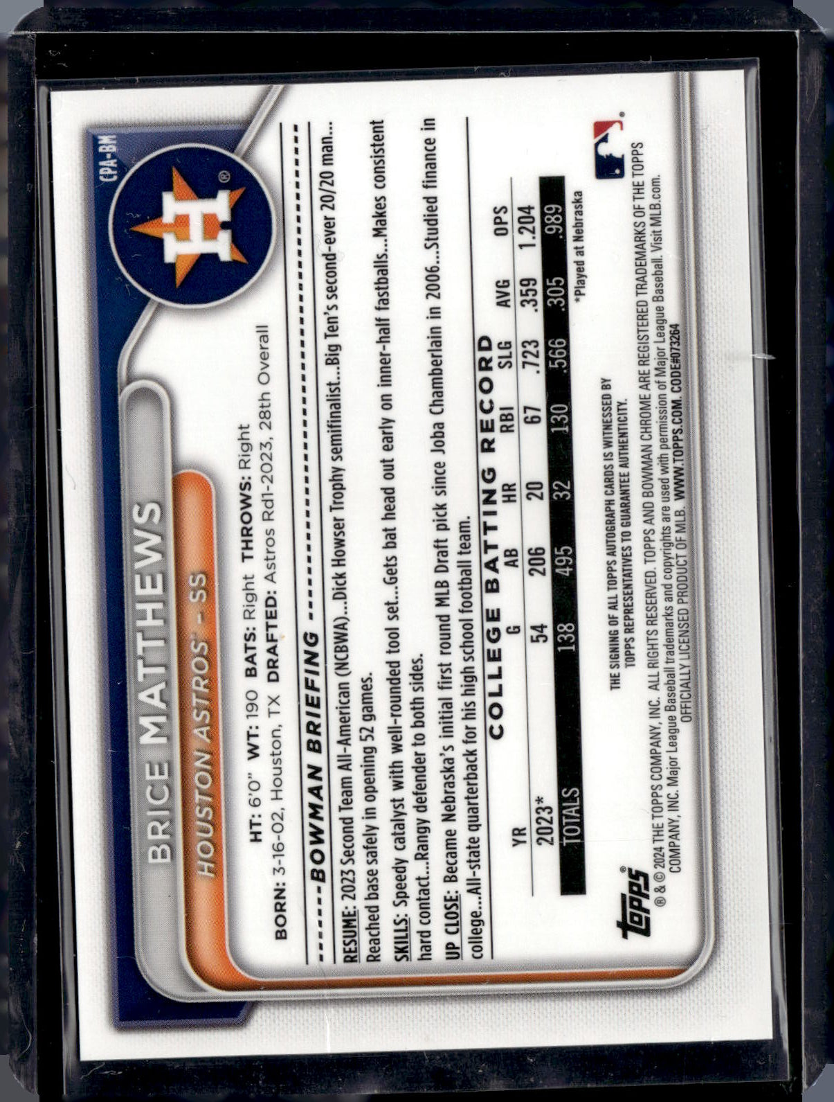 2024 Bowman 1st Houston Astros Brice Matthews Autograph