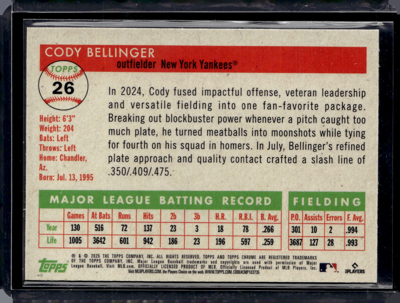 2026 Topps Platinum New York Yankees Cody BELLINGER #26 /75