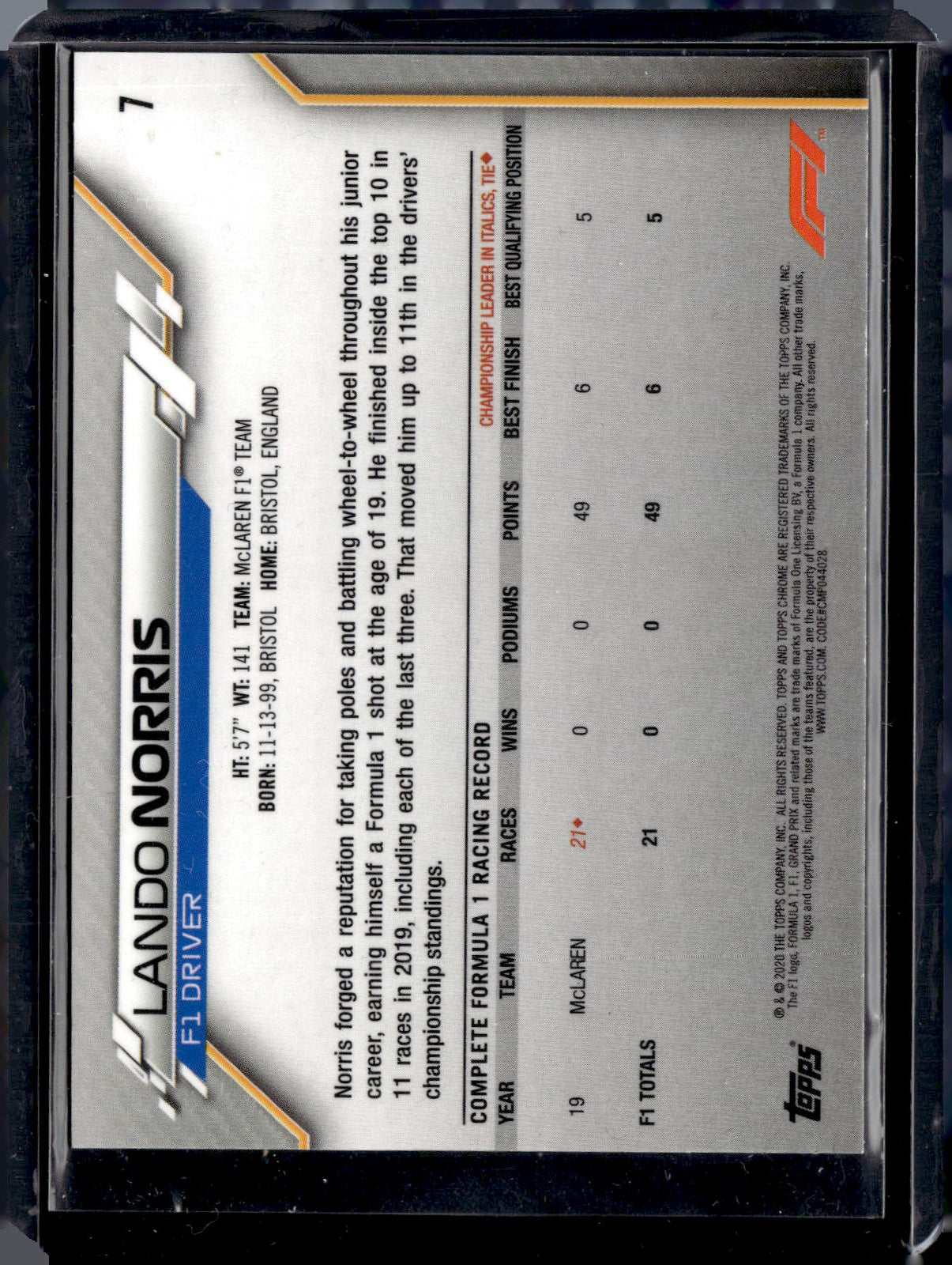 2020 Topps Chrome F1 Formula 1 Lando Norris RC ROOKIE #7