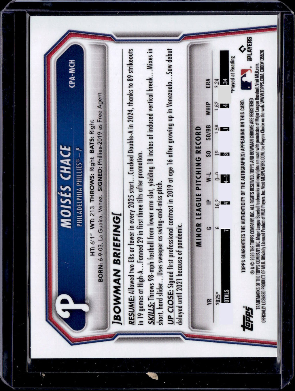2026 Bowman MOISES CHACE 1st Green Shimmer Refractor Auto /99 Phillies SP