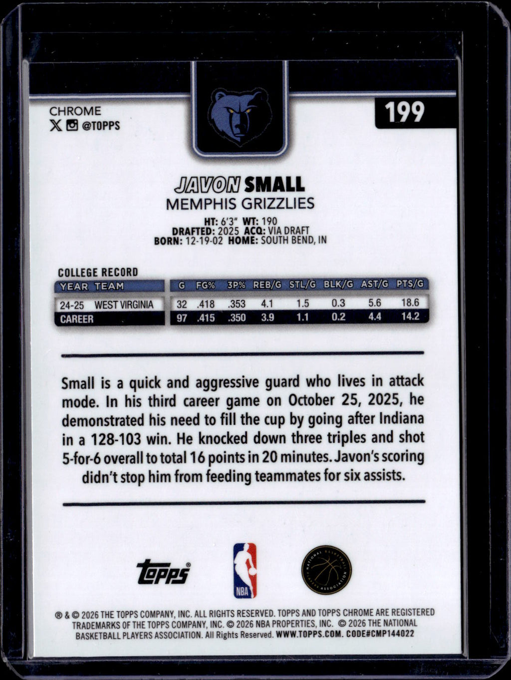 2025-26 Topps Chrome UPDATE - Javon Small #199 Blue RayWave /150 (RC)