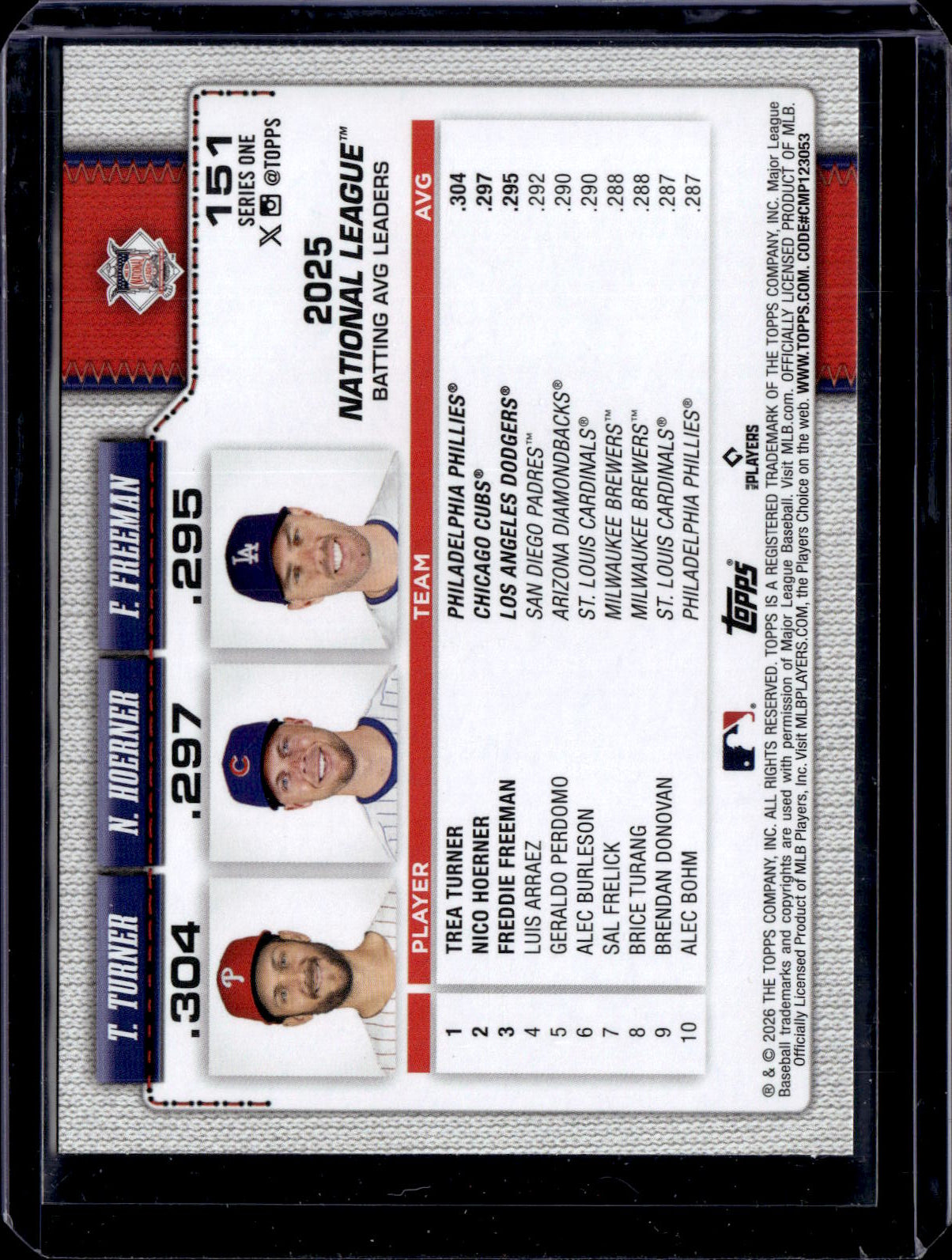 2026 Topps Series 1 National Leage Leaders AVG Turner, Hoerner, Freeman #151