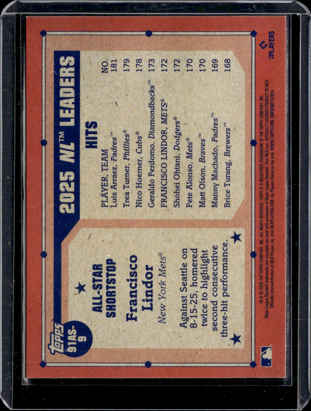 2026 Topps #91AS-9 Francisco Lindor 1991 Topps Baseball Koi Fish