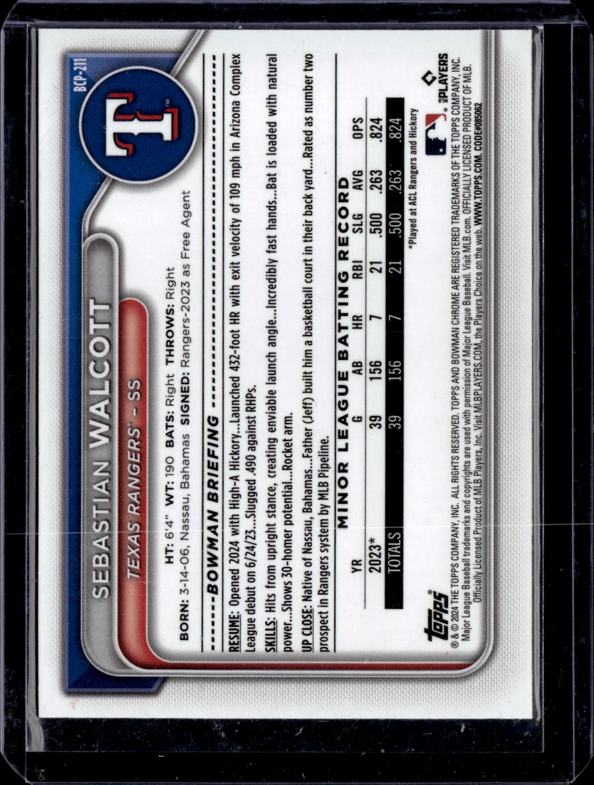 2024 BOWMAN SEBASTIAN WALCOTT Fuchsia Shimmer Refractors SP# /199