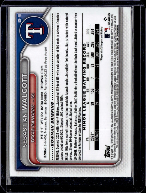 2024 BOWMAN SEBASTIAN WALCOTT Fuchsia Shimmer Refractors SP# /199