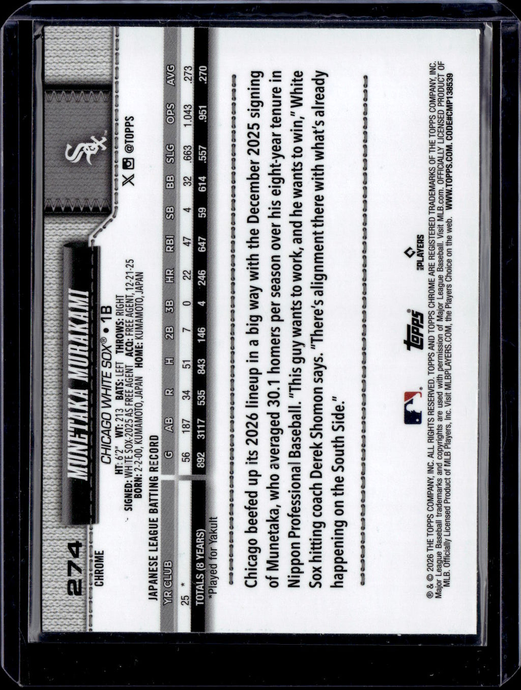2026 TOPPS CHROME #274 MUNETAKA MURAKAMI RC WHITE SOX