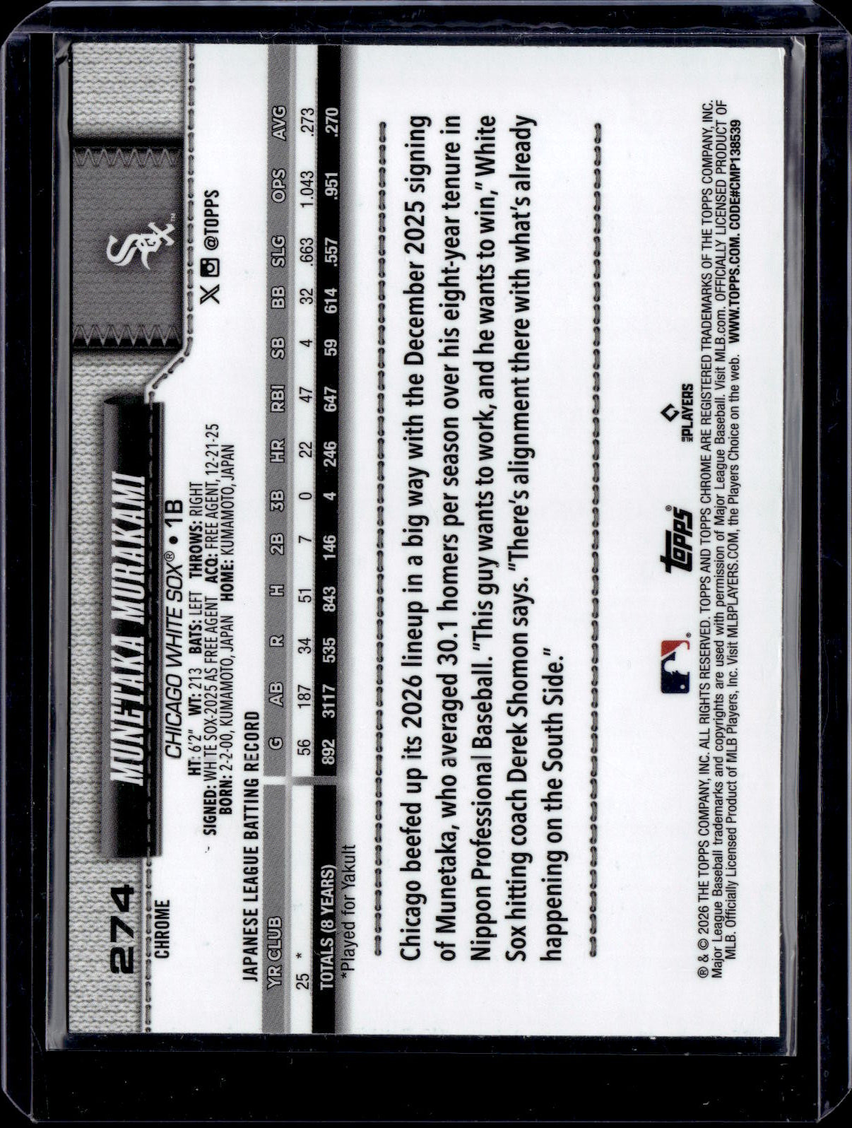 2026 TOPPS CHROME #274 MUNETAKA MURAKAMI RC WHITE SOX