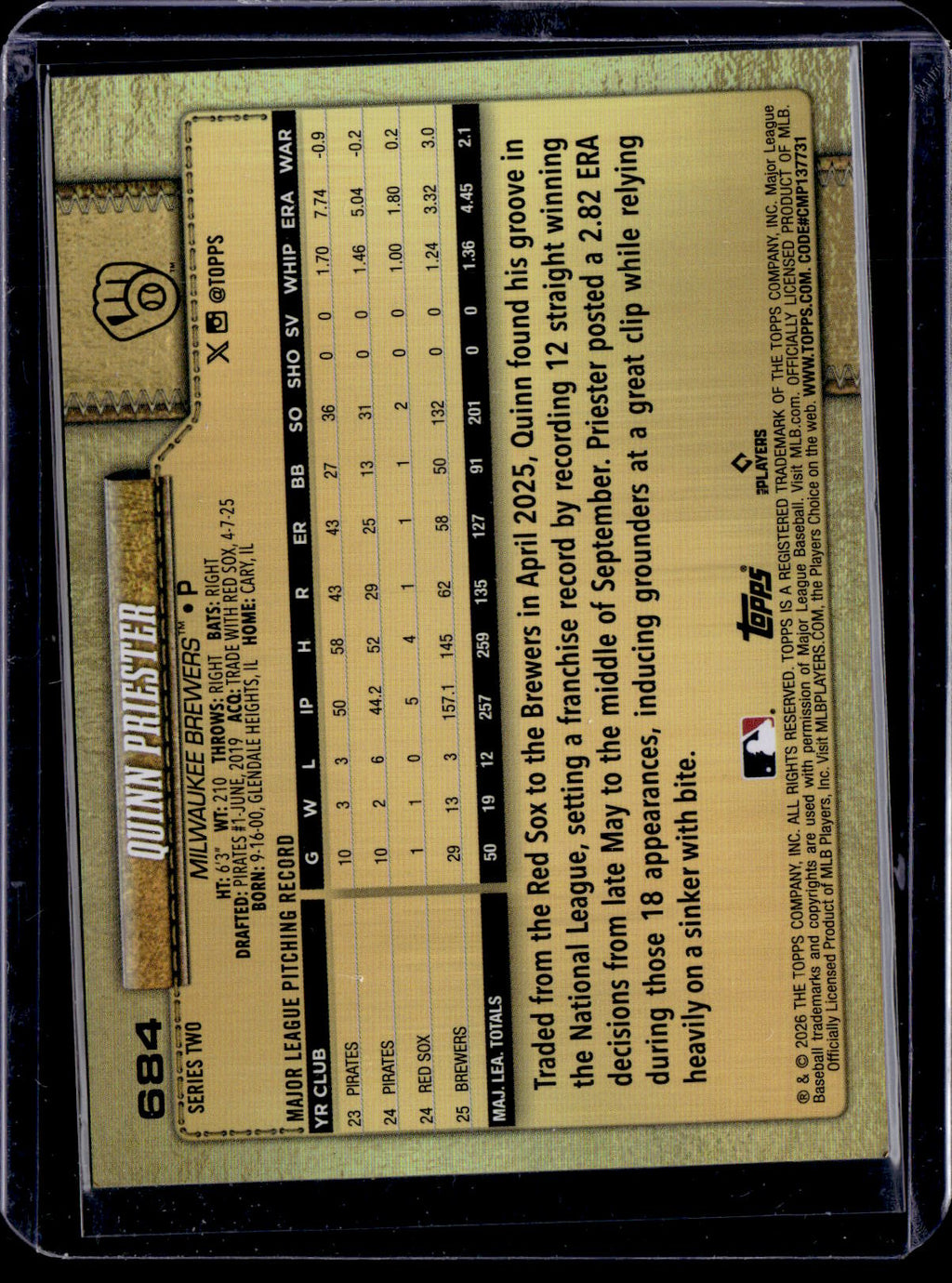 2026 Topps Series 2 QUINN PRIESTER Golden Mirror Image Variation SSP #684