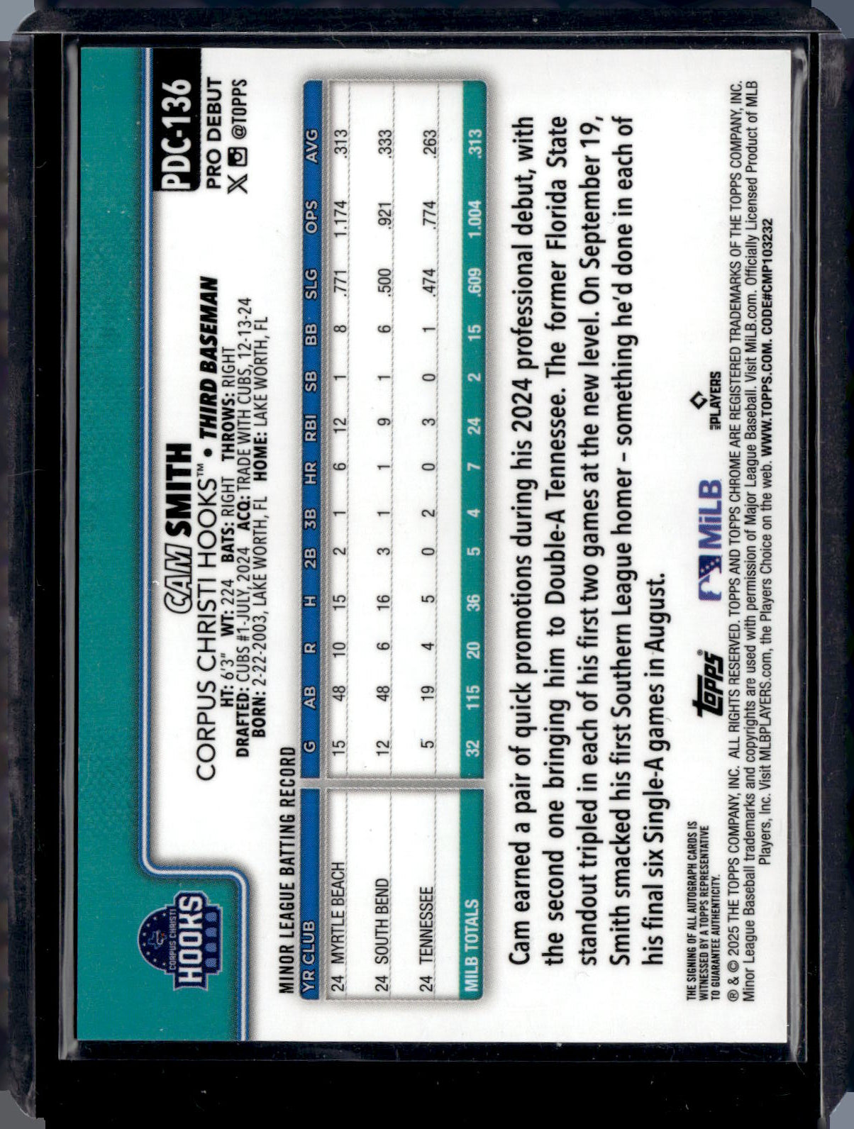 2025 Topps Pro Debut - Chrome Cam Smith #PDC-136 Refractor Autographs /199