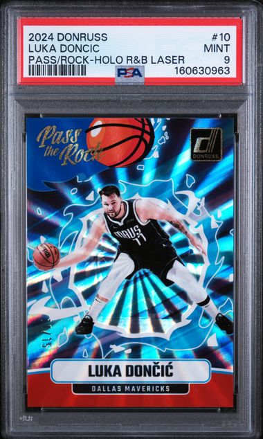 2024 PANINI DONRUSS PASS THE ROCK #10 LUKA DONCIC PASS/ROCK-HOLO R&B LASER PSA 9